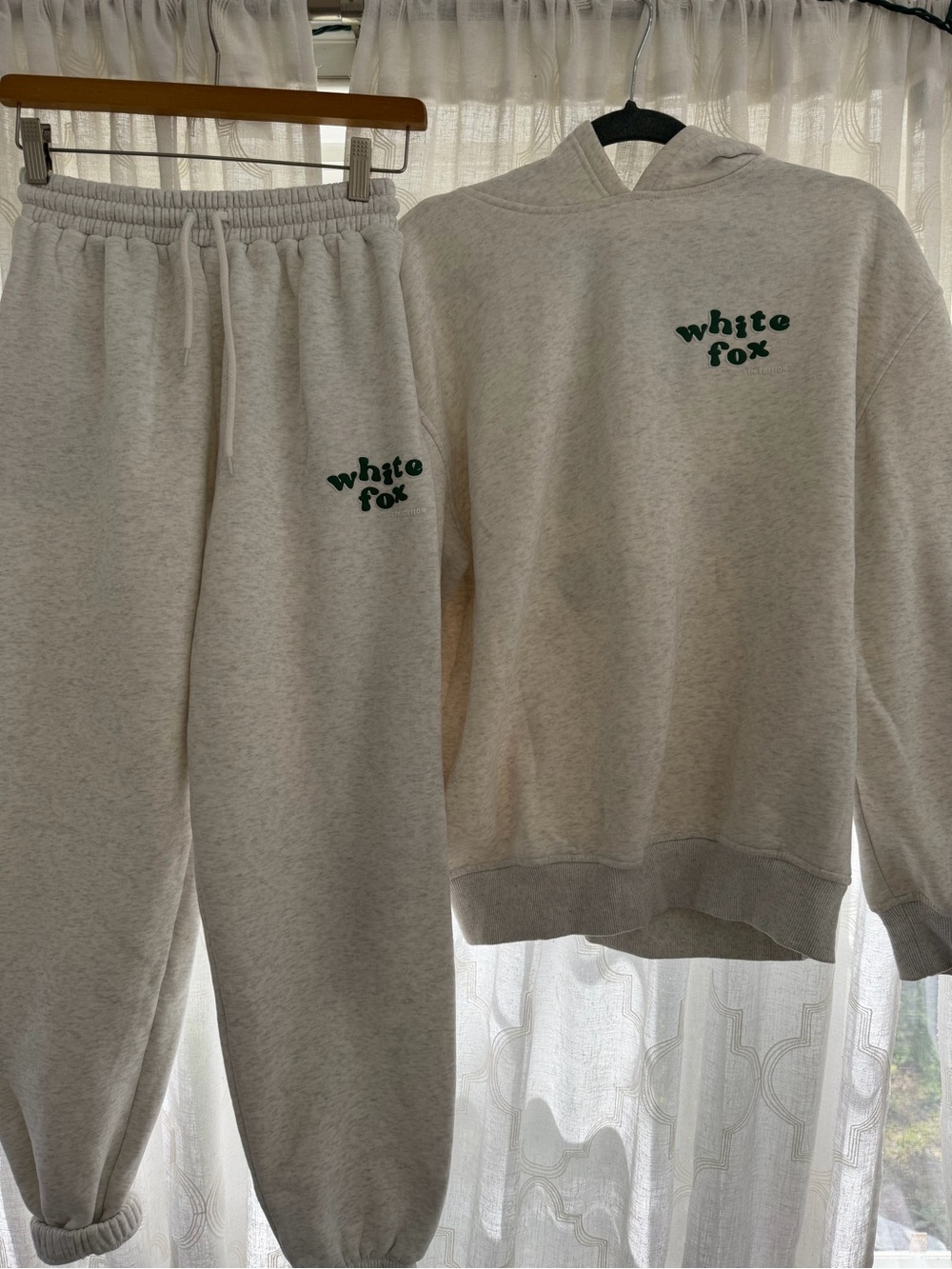 White Fox Boutique Light Gray Hoodie & Sweatpants Set with Green Logo